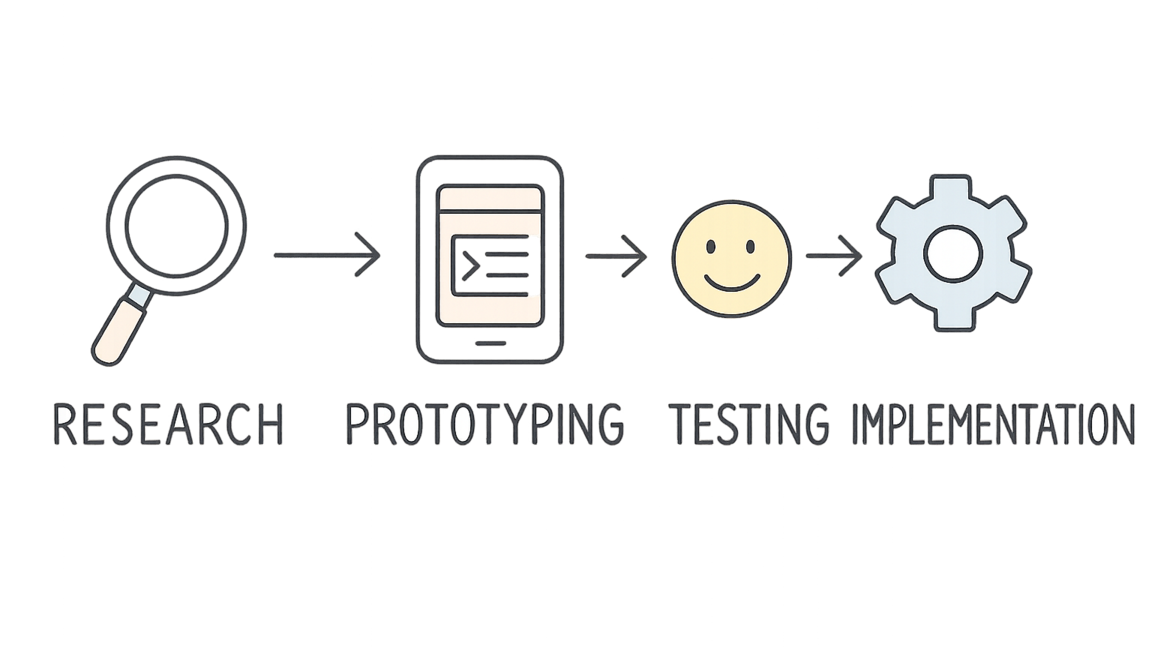 Schemat z kluczowymi etapami procesu Design Thinking: empatyzowanie, definiowanie problemu, generowanie pomysłów, prototypowanie i testowanie.