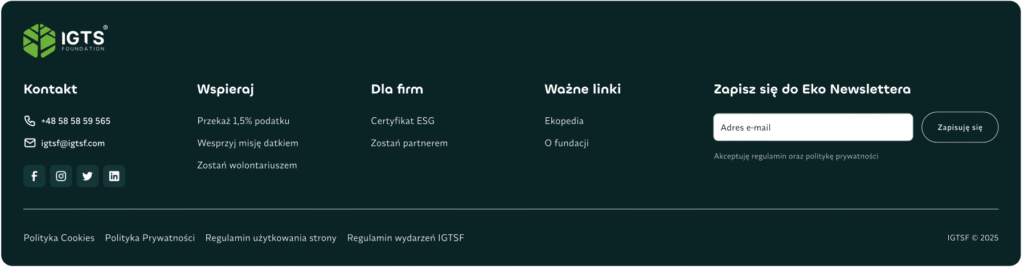 Nowa minimalistyczna stopka IGTSF z sekcją kontaktu, linkami oraz formularzem newslettera.