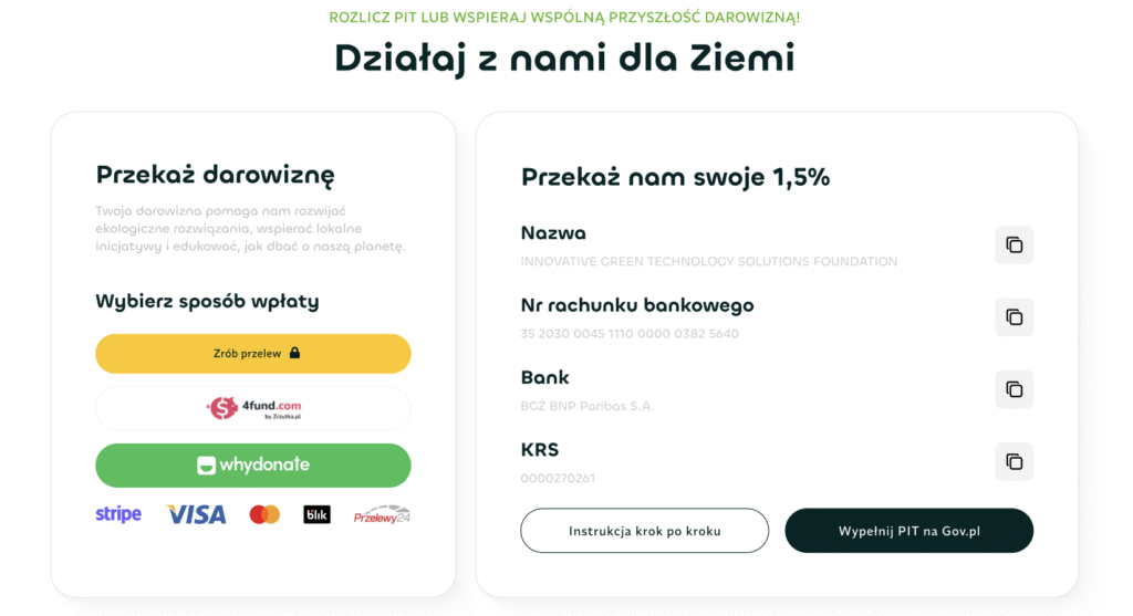 Nowy moduł darowizn i przekazania 1,5% podatku zaprojektowany w ramach UX redesignu platformy IGTSF.