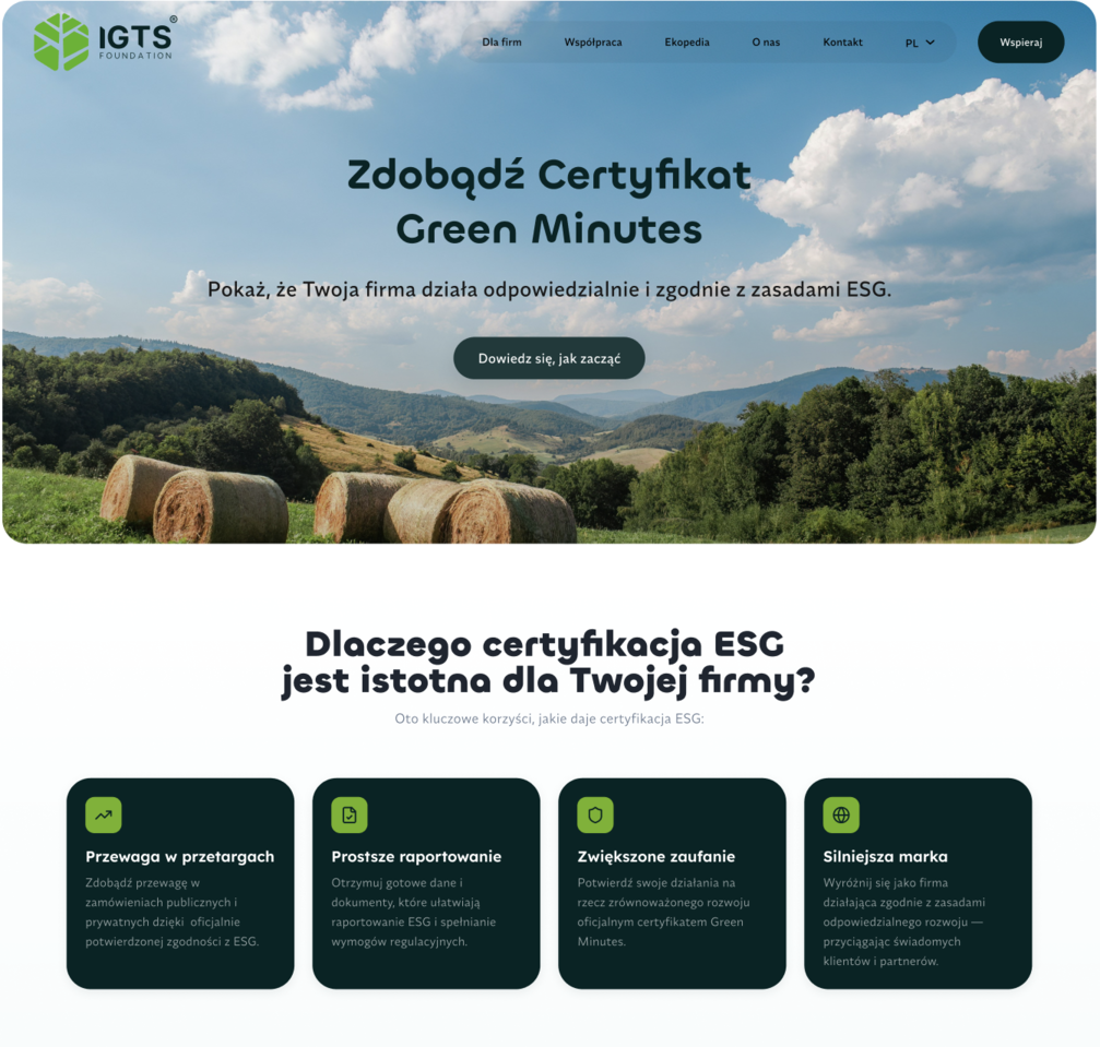 Sekcja hero projektu UX redesign platformy internetowej IGTSF przedstawiająca nagłówek „Zdobądź Certyfikat Green Minutes” z przyciskiem CTA