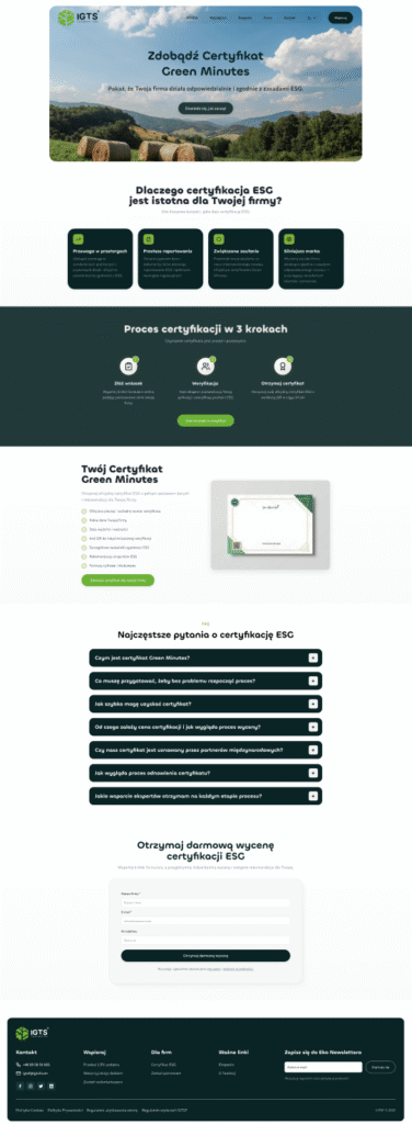 Pełny widok zaprojektowanego landing page certyfikacji ESG Green Minutes, pokazujący sekcje hero, korzyści, proces certyfikacji, opis certyfikatu, FAQ oraz formularz darmowej wyceny.