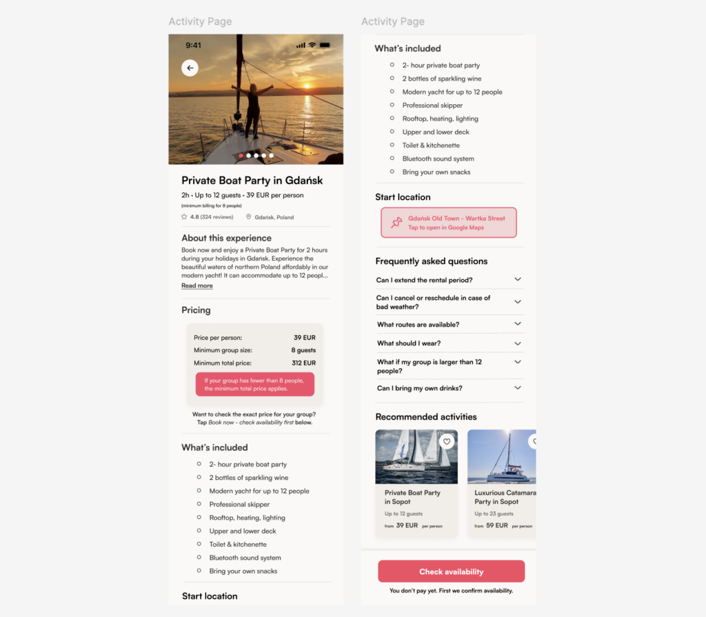 Ekran szczegółów aktywności w aplikacji mobilnej prezentujący opis wycieczki, ceny, listę elementów wliczonych w ofertę, lokalizację startową, FAQ oraz rekomendowane aktywności — przykład przejrzystego UX aplikacji mobilnej.