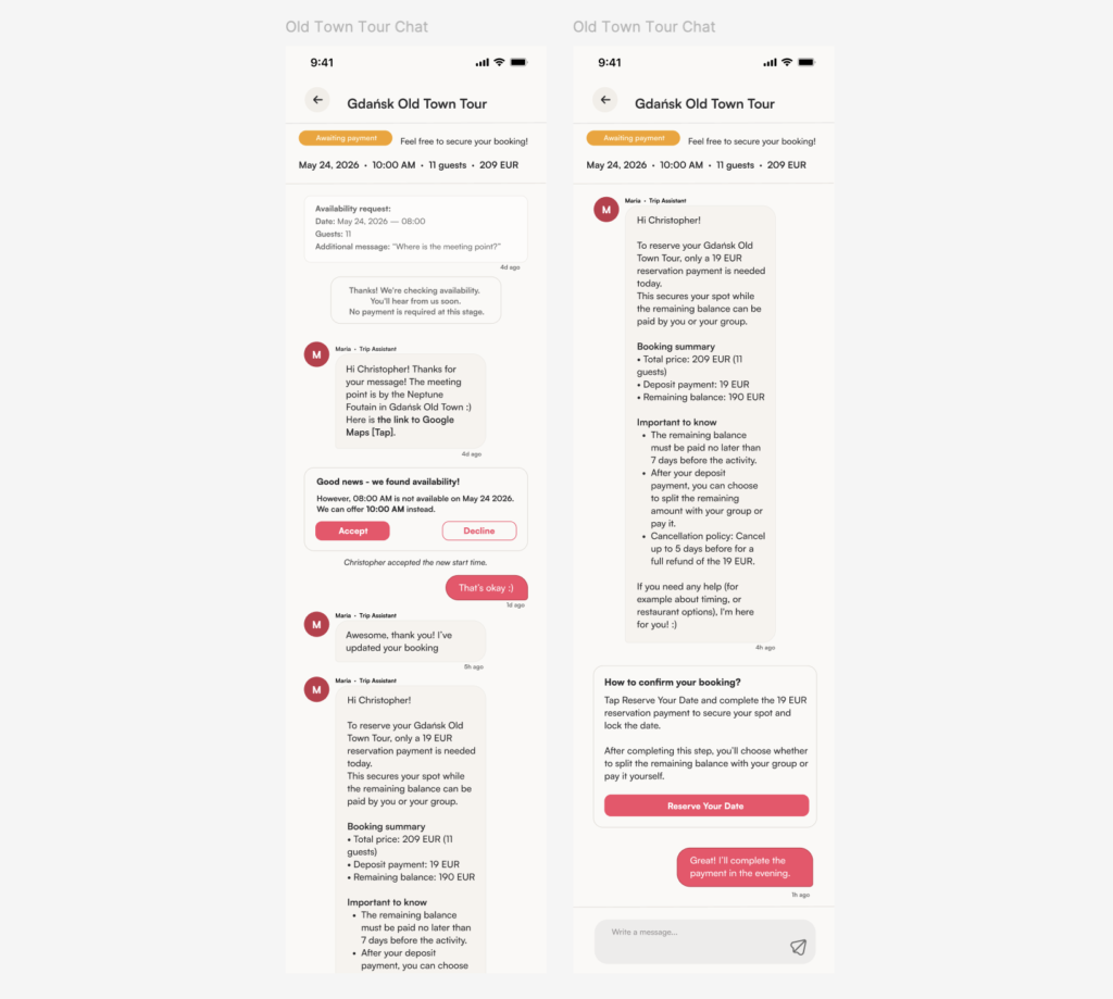 Dwa ekrany chatu w aplikacji mobilnej prezentujące rozmowę z Trip Assistant w sytuacji „Awaiting payment”: informację o dostępności, propozycję zmiany godziny, podsumowanie rezerwacji oraz CTA do wykonania płatności.