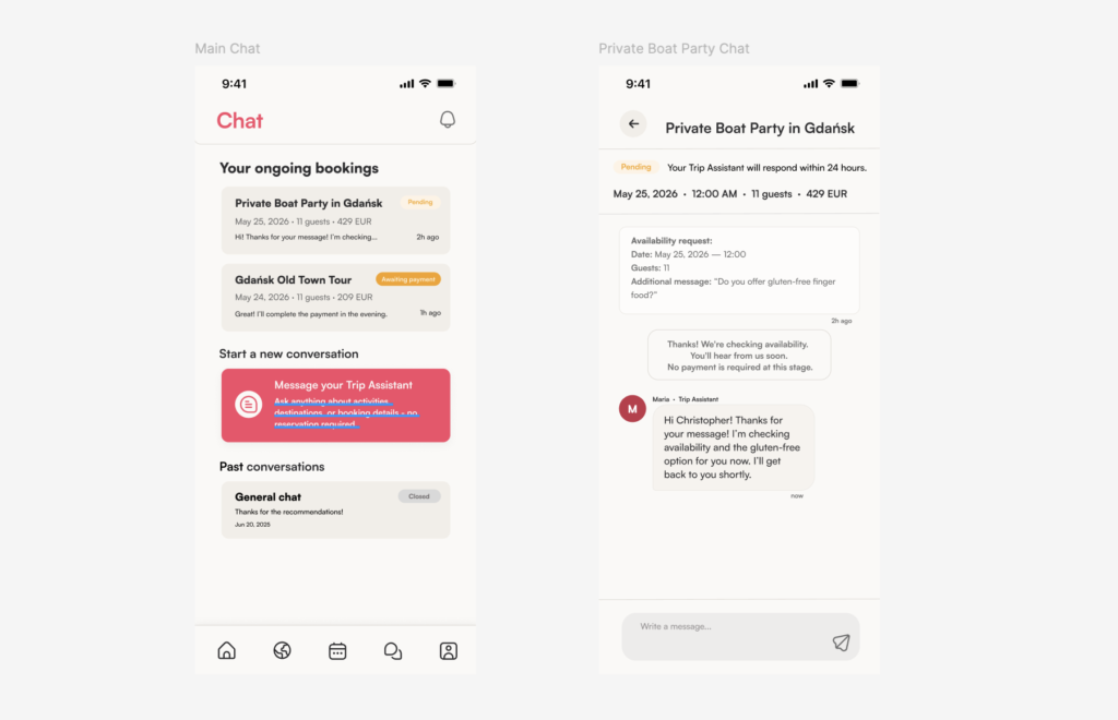 Dwa ekrany chatu w aplikacji mobilnej: lista aktywnych rezerwacji z widocznym CTA do rozpoczęcia nowej rozmowy oraz szczegółowy widok konwersacji z Trip Assistant po wysłaniu availability request, oznaczony statusem „Pending”.