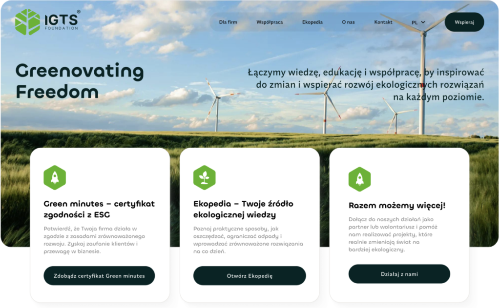 Nowa sekcja hero IGTSF z trzema kafelkami prowadzącymi do kluczowych ścieżek: firmy, wiedza i współpraca.