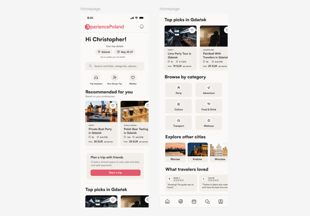 Dwa ekrany homepage aplikacji mobilnej prezentujące spersonalizowane rekomendacje, kategorie aktywności, popularne wybory użytkowników oraz sekcję odkrywania innych miast w ramach zoptymalizowanego UX aplikacji mobilnej.
