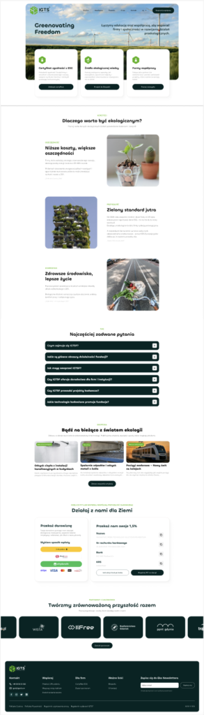 Pełny widok przeprojektowanego landing page IGTSF z nową strukturą, sekcją hero, korzyściami, FAQ, artykułami i modułem darowizn.