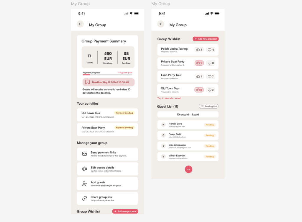 Dwa ekrany „My Group” w aplikacji mobilnej prezentujące podsumowanie płatności grupowych, listę zaplanowanych aktywności, narzędzia do zarządzania grupą, wishlistę propozycji oraz listę gości z widocznymi statusami płatności.