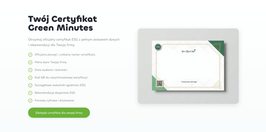 Sekcja „Twój Certyfikat Green Minutes” zaprojektowana w ramach UX redesign platformy internetowej IGTSF, z listą elementów certyfikatu i wizualizacją dokumentu