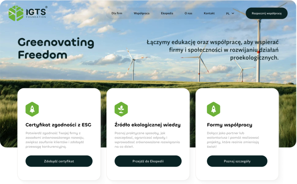 Sekcja hero w mojej finalnej wersji UX redesignu platformy internetowej, z czytelnym komunikatem i trzema ścieżkami użytkownika.