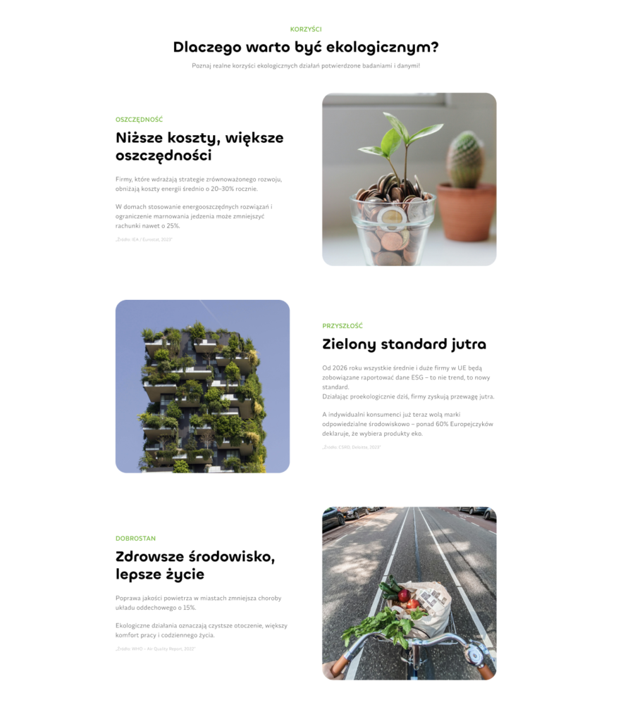 Sekcja korzyści ekologicznych zaprojektowana w ramach UX redesignu platformy internetowej IGTSF, z trzema blokami treści: oszczędność, przyszłość i dobrostan.