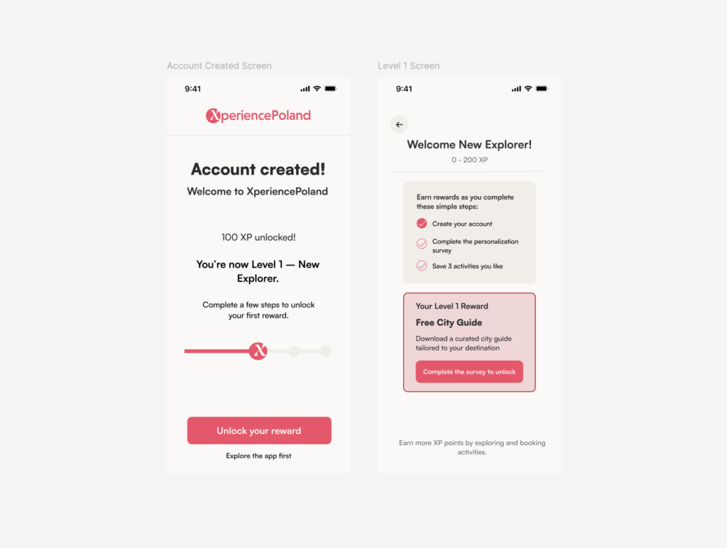 Ekran potwierdzający utworzenie konta oraz pierwszy poziom systemu nagród XP w aplikacji mobilnej XperiencePoland.