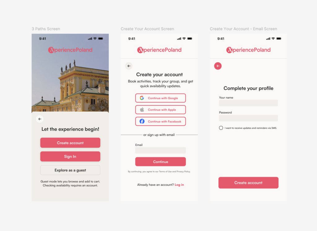Ekrany logowania i rejestracji aplikacji mobilnej XperiencePoland, obejmujące wybór ścieżki, logowanie społecznościowe oraz uproszczony formularz e-mail.