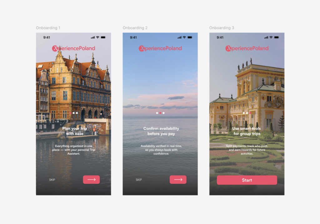 Ekrany onboardingu aplikacji mobilnej XperiencePoland prezentujące kluczowe funkcje produktu i wprowadzające użytkownika w doświadczenie aplikacji.