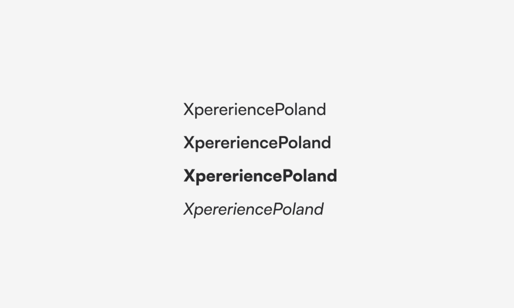 Przykładowe warianty typografii Satoshi użytej w projekcie UX aplikacji mobilnej XperiencePoland, prezentujące różne grubości i style.