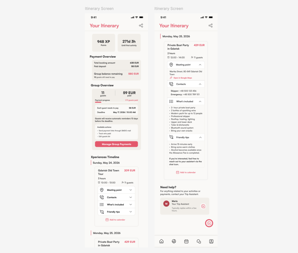 Dwa ekrany „Your Itinerary” w aplikacji mobilnej prezentujące podsumowanie punktów, harmonogram aktywności, status płatności grupowej, szczegóły poszczególnych doświadczeń oraz dostęp do kontaktów i informacji operacyjnych.